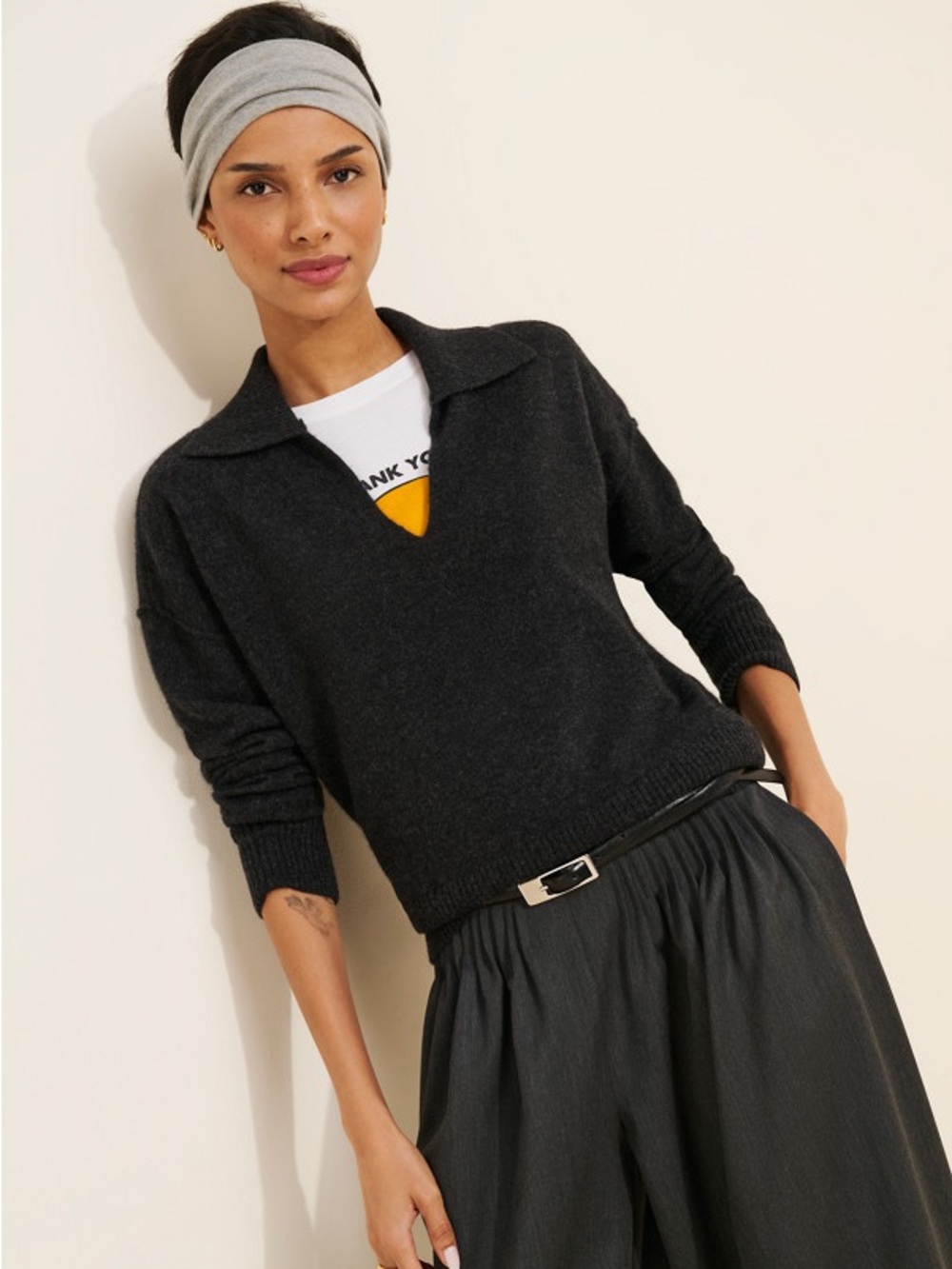 Free People Eloura Cashmere Henley Sweater in Black Size S